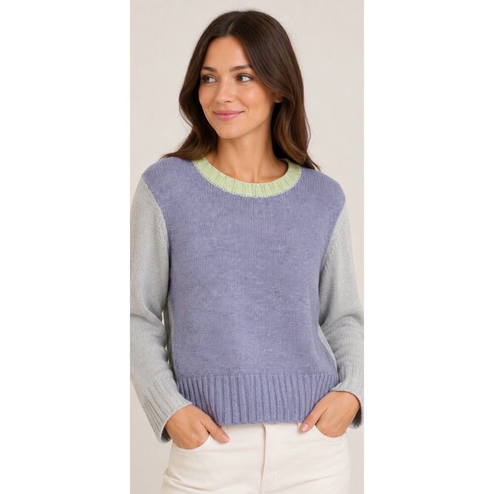 New Splendid Malley Colorblock M Knit Sweater Purple Gray Green Short Pullover